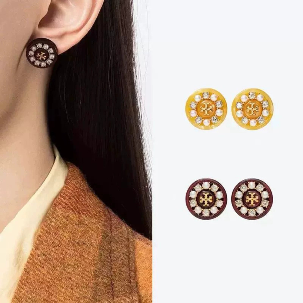 Tory Burch Pair of Retro Gold Plated Resin Pearl Crystal Stud Earrings